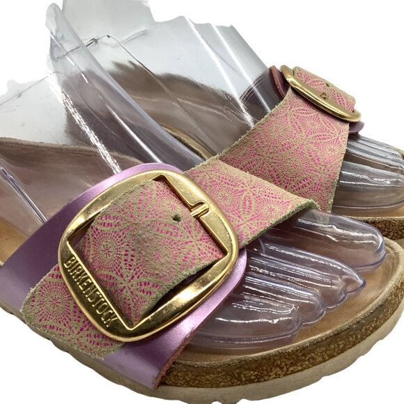 Birkenstock Madrid Gold Big Buckle Sandals 5 36 Pink Print Single Strap Slide - Picture 4 of 12
